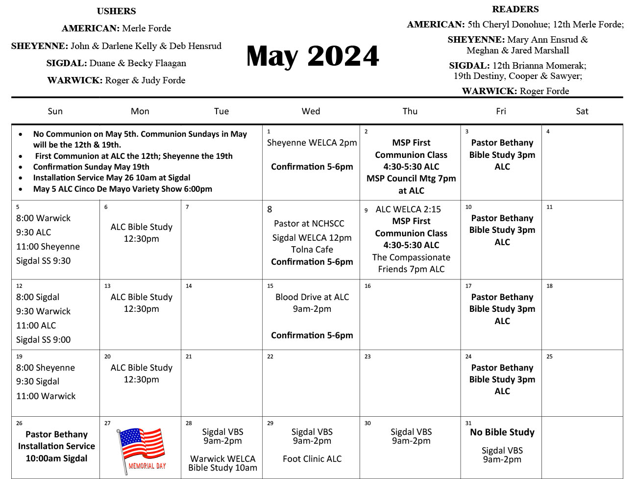 Church Calendar of Events for February 2019